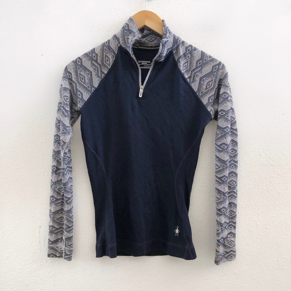 SMARTWOOL Merino 250 Baselayer Pattern 1/4 Zip Eclipse Mountain Fairisle Size XS
